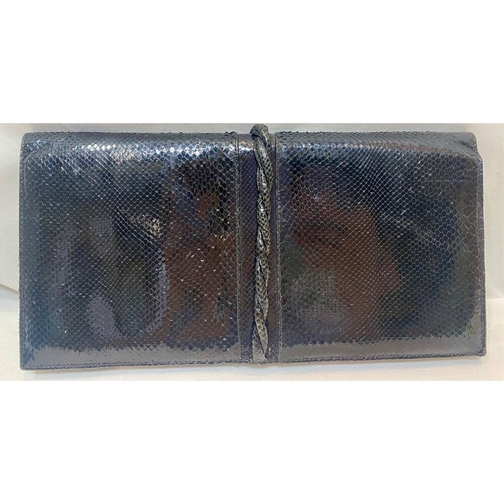 Nancy's BLACK Snake Skin Flap Clutch inner zip pocket Vintage